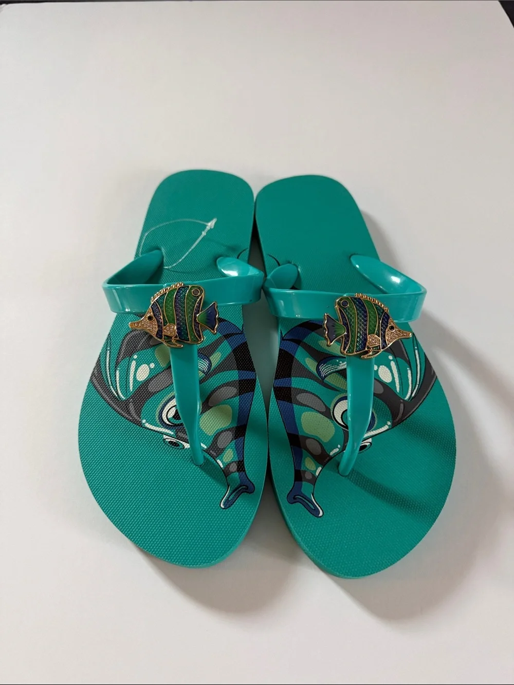 Turquoise Women's Fish Accent Jelly Flip Flops - Picture 1 of 3